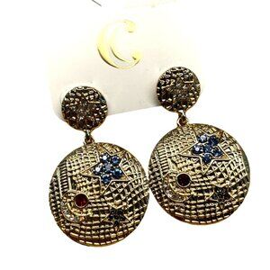 Charming Charlie Gold Tone Oval Medallion Earrings With Blue & Red Gemstones MSR